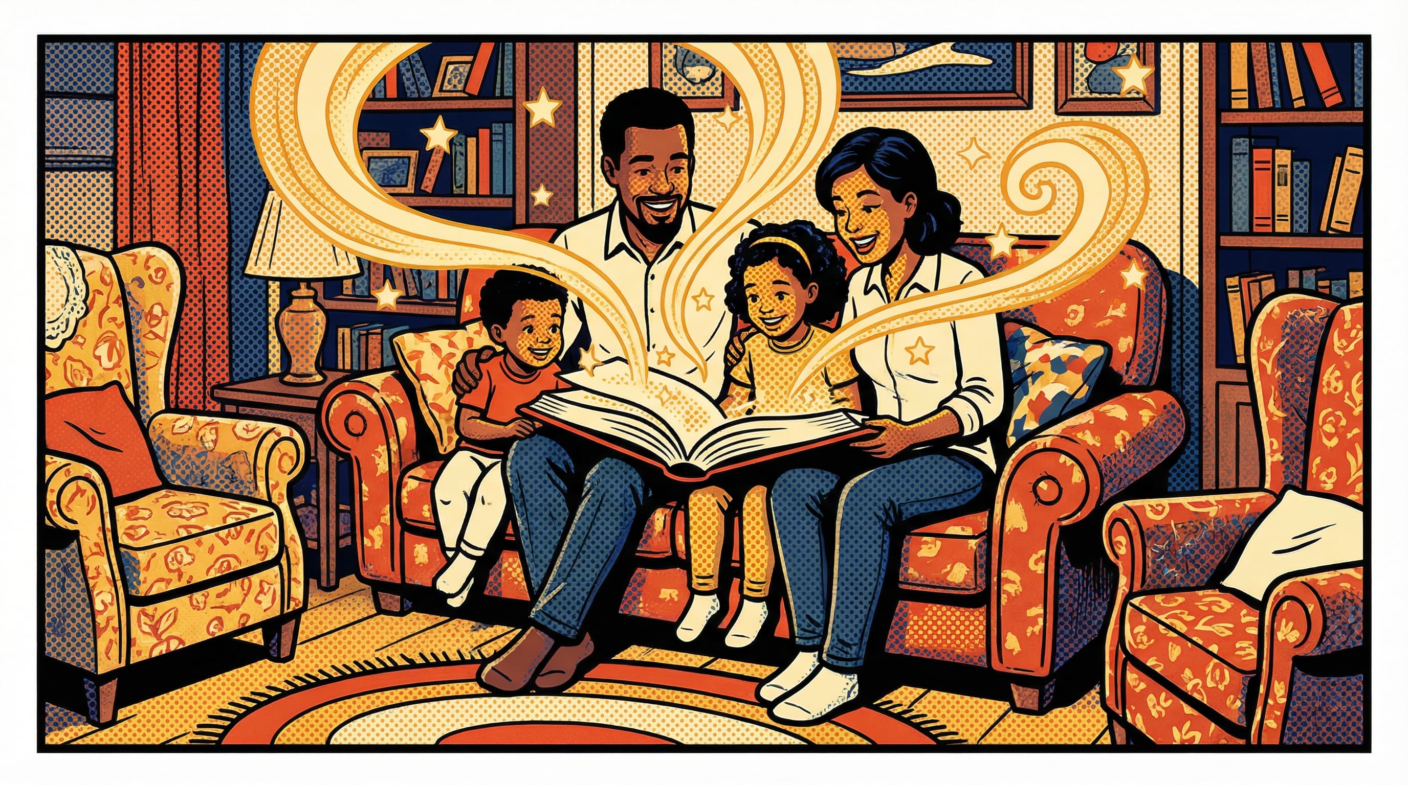 A family of four on the couch with a storybook, numbered pins marking each face