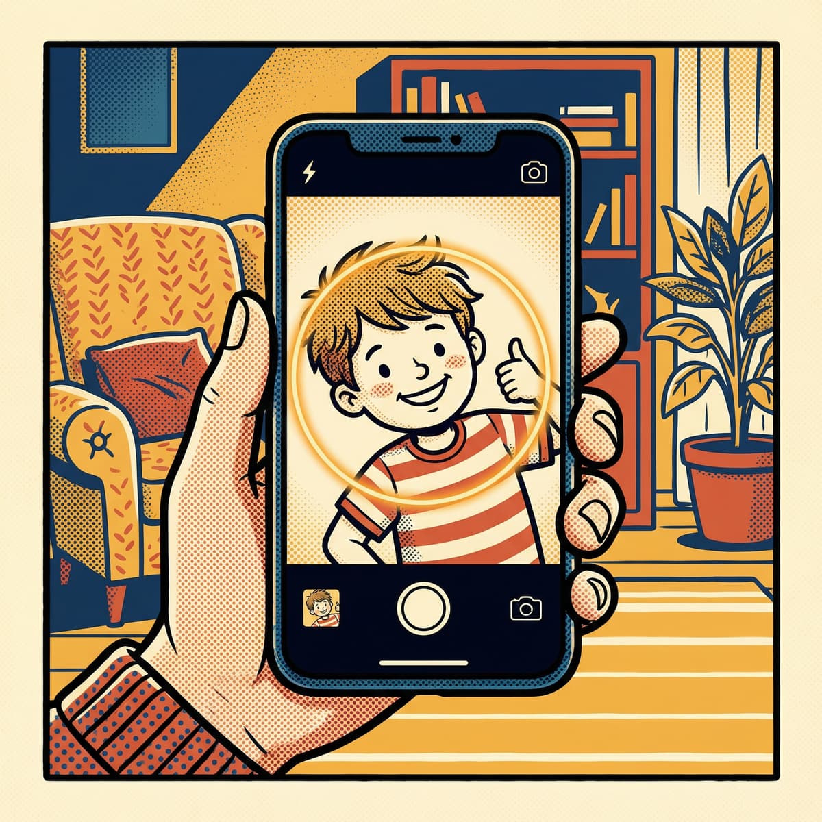 A parent choosing a family photo on their phone