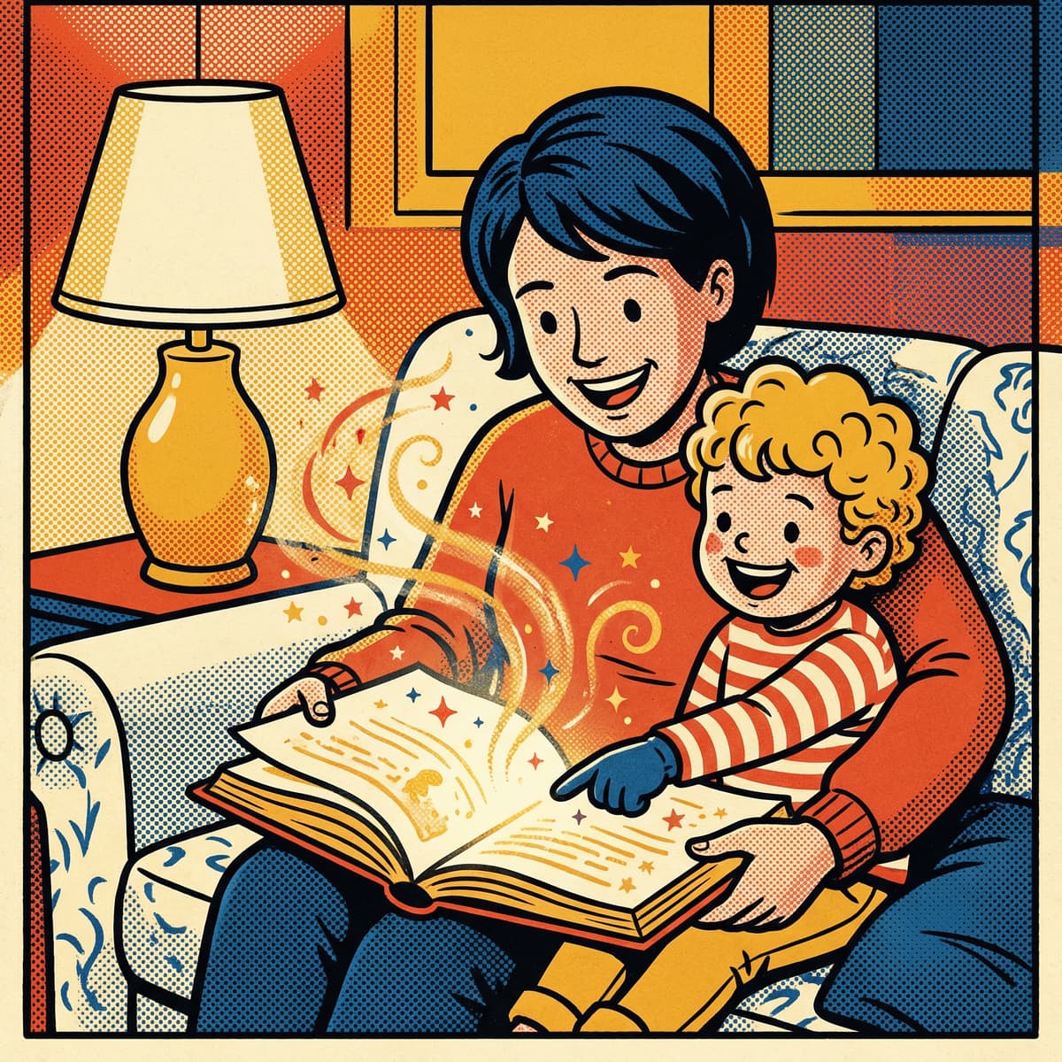 A parent and child looking at the story taking shape together