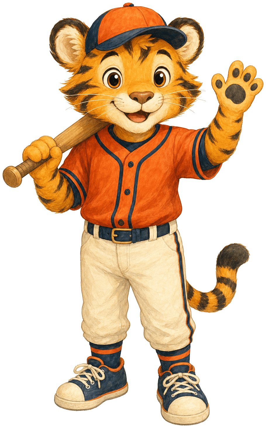 Stripes, a friendly tiger mascot in a baseball jersey