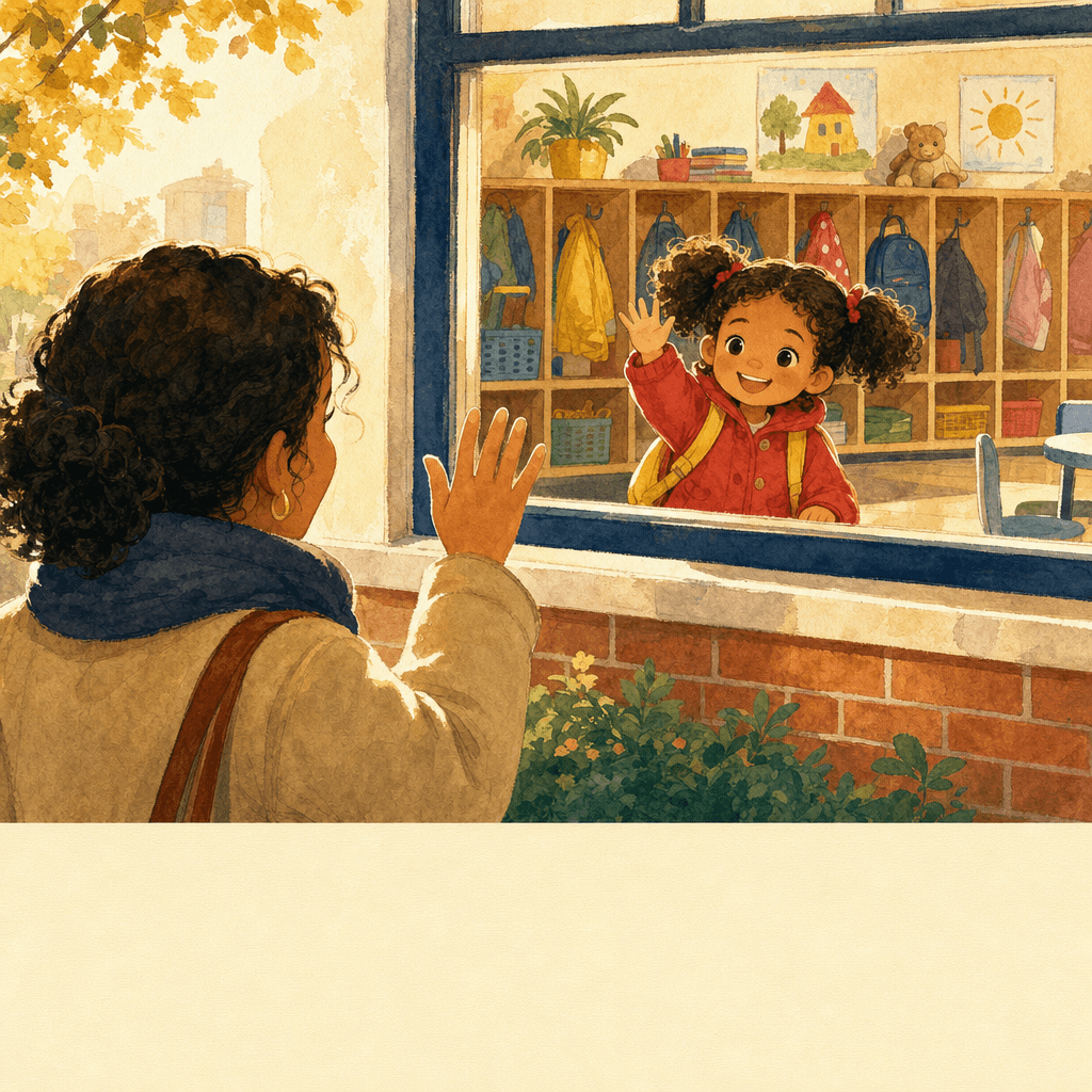 Storybook cover of a girl waving through a classroom window