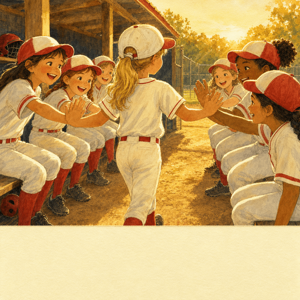 Storybook cover of a new player trading high-fives down the dugout line