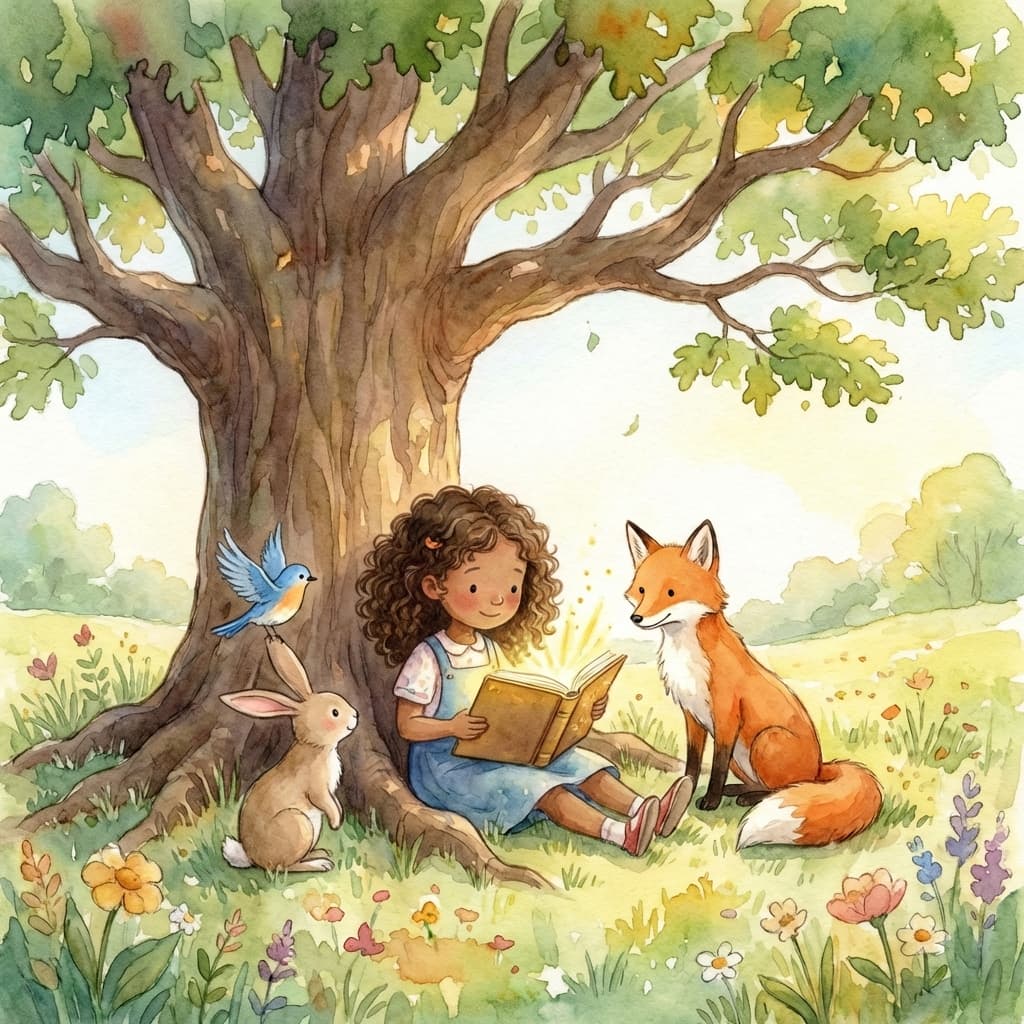 The finished storybook cover: the girl reading under a tree with a fox and a rabbit